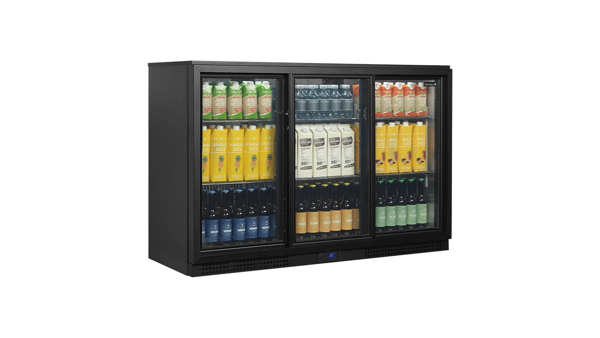 Arrière de Bar Réfrigéré BA30S-3 – 311L, 3 Portes Vitrées Coulissantes, LED, Noir, Ventilé, 380 Canettes 33cl