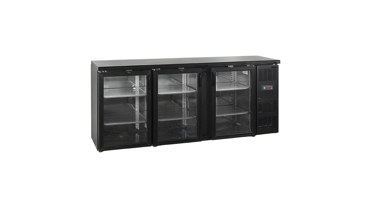 Arrière de Bar Réfrigéré CBC310G – 460L, 3 Portes Vitrées, Noir, LED, Inox 304, Refroidissement Ventilé