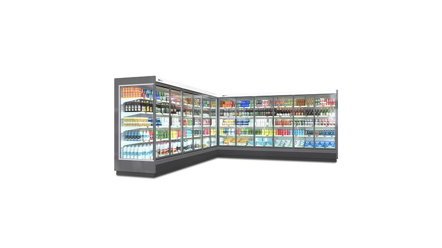 Réfrigérateur vitrine en L à portes en verre – usage commercial