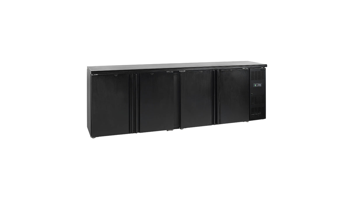 Arrière de Bar Réfrigéré CBC410 – 630L, 4 Portes Pleines, Noir, Inox 304, Refroidissement Ventilé