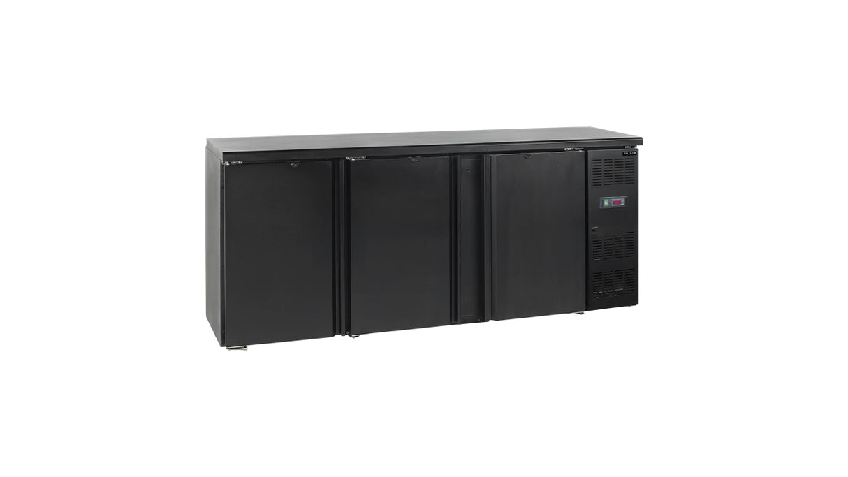 Arrière de Bar Réfrigéré CBC310 – 460L, 3 Portes Pleines, Noir, Inox 304, Refroidissement Ventilé