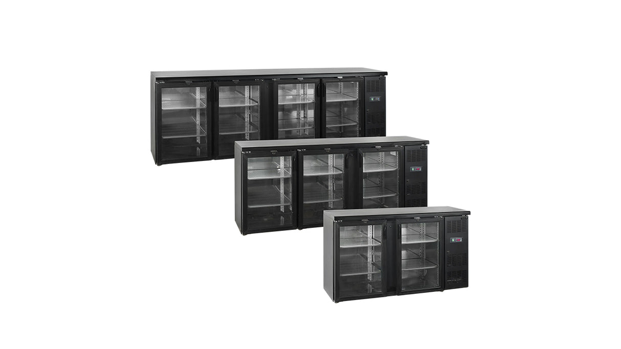 Arrière de Bar Réfrigéré CBC410G – 630L, 4 Portes Vitrées, Noir, LED, Inox 304, Refroidissement Ventilé