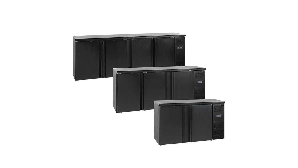 Arrière de Bar Réfrigéré CBC410 – 630L, 4 Portes Pleines, Noir, Inox 304, Refroidissement Ventilé