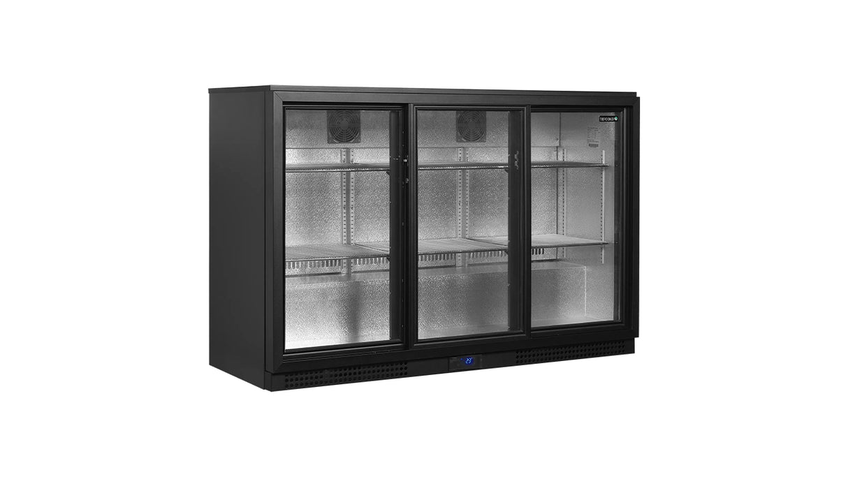 Arrière de Bar Réfrigéré BA30S-3 – 311L, 3 Portes Vitrées Coulissantes, LED, Noir, Ventilé, 380 Canettes 33cl