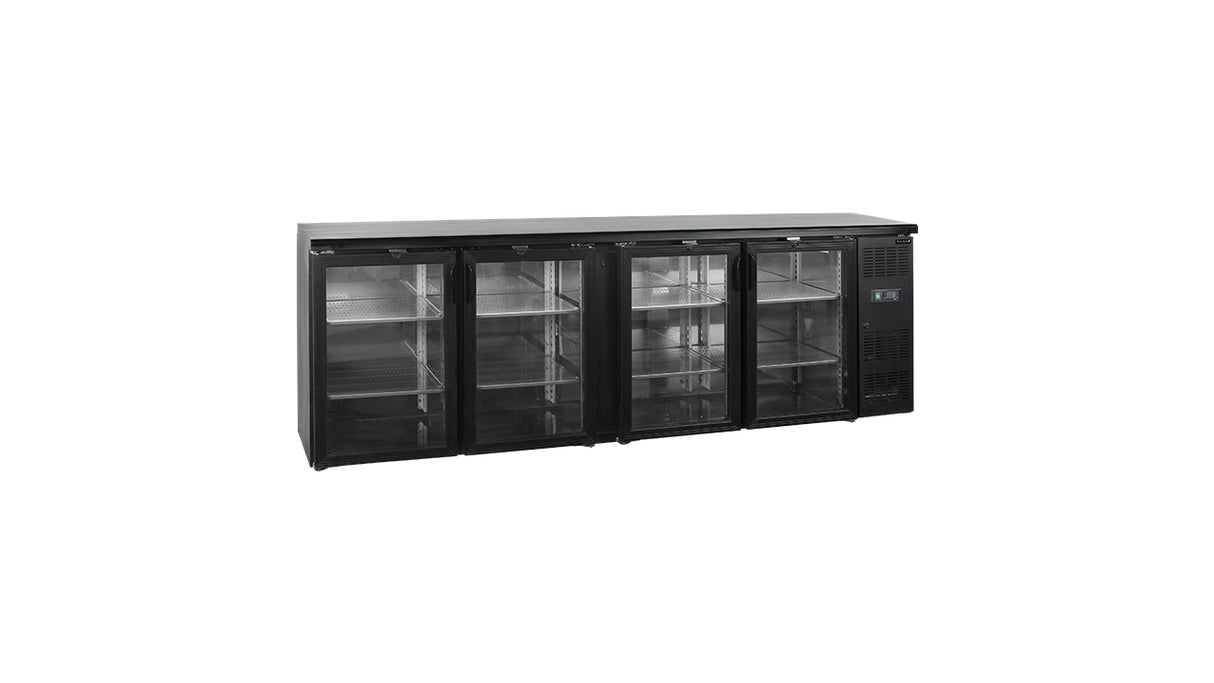 Arrière de Bar Réfrigéré CBC410G – 630L, 4 Portes Vitrées, Noir, LED, Inox 304, Refroidissement Ventilé