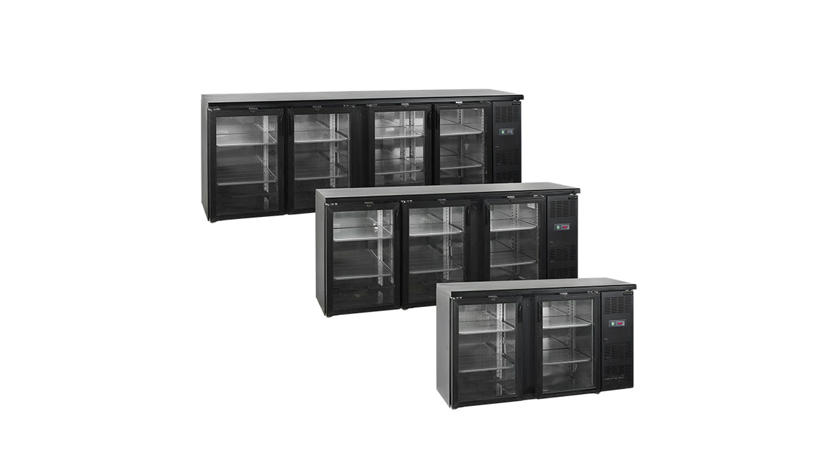 Arrière de Bar Réfrigéré CBC310G – 460L, 3 Portes Vitrées, Noir, LED, Inox 304, Refroidissement Ventilé